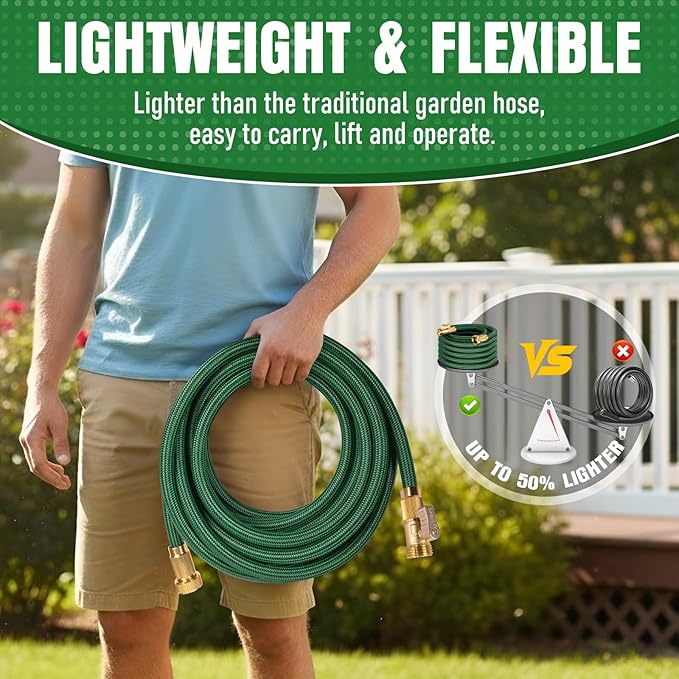 NON-EXPANDABLE Garden Hose 25 ft, Heavy Duty Flexible Water Hose, Kink Resistant Lightweight Hybrid Hose with Durable Fabric Skin, Leakproof Hose Male to Female Fittings
