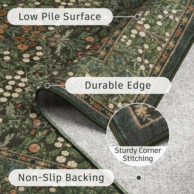 DCX Green Area Rug 9x12, Machine Washable Non Slip Stain Resistant Soft Vintage Floral Rug, for Living Room, Bedroom, Dining Room, Soft Low Pile Large Carpet
