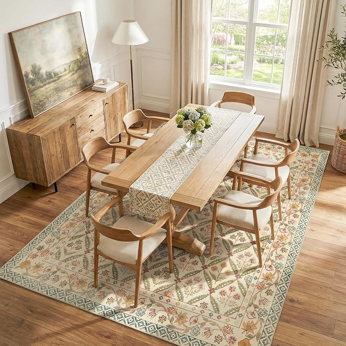 jinchan 8x10 Vintage Floral Washable Large Living Room Area Rug, Teal Blue | Soft & Lightweight, Checkered Floral, Low Pile, Non Slip, Bedroom, Dining Room, Girls Room, Home Office, Cottage Decor