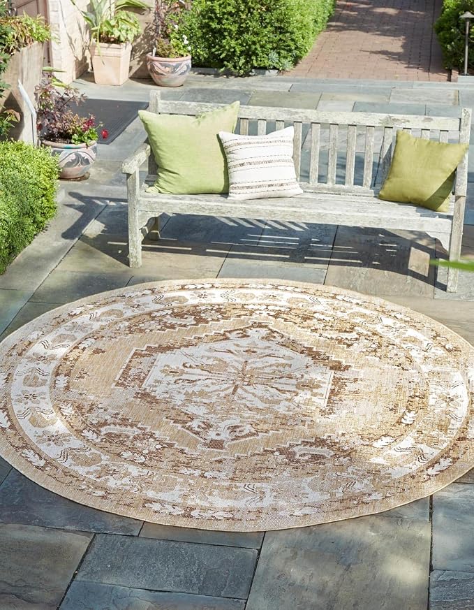 Unique Loom Outdoor Traditional Collection Area Rug - Valeria (3' 1" Round, Natural/ Ivory)