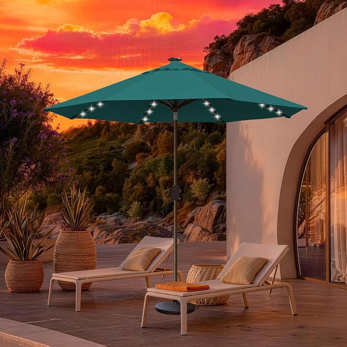 EliteShade USA 10-Year-Non-Fading 10ft Market Patio Umbrella, Commercial Grade Table Sun Umbrella with 80 Solar LED Lights, Crank Open, Windproof & UPF 50+ UV Protection for Garden, Deck, Pool, Backyard, Teal