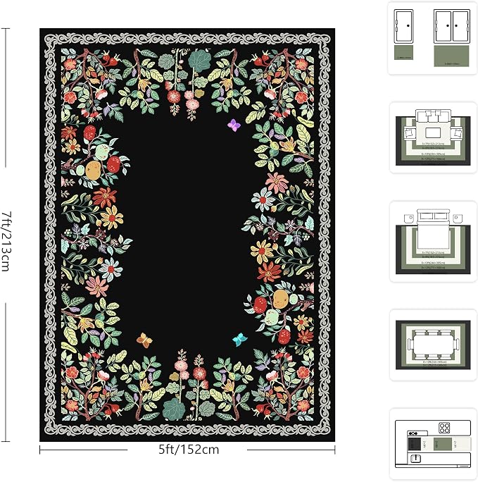 5x7 Area Rugs, Ultra-Thin Soft Rugs for Bedroom, Indoor Non-Slip Washable Rug for Living Room, Dining Room, Low Pile Home Decor Floral Rug(Black)