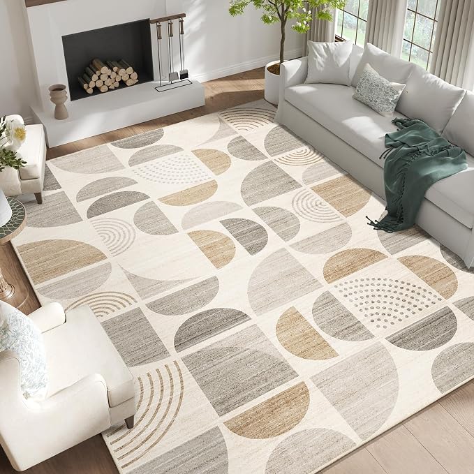 9x12 Area Rugs,Boho Washable Rugs Non Slip Modern Abstract | Large Throw Carpet for Living Room Bedroom Dining Room Soft Low Pile Floor Indoor Bohemian Neutral Beige