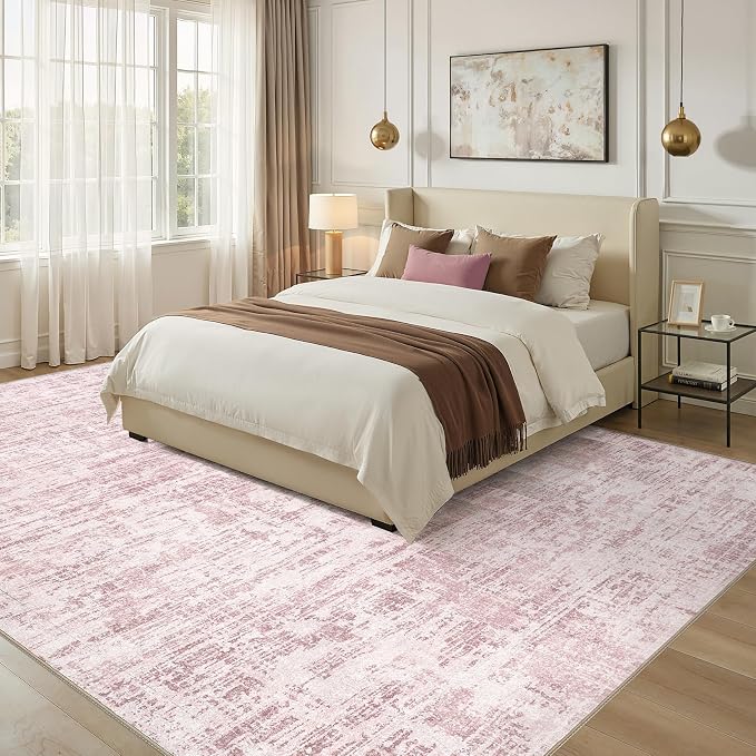 Nakagishi 6X9 Abstract Washable Area Rugs for Living Room-Pink | Modern Non-Slip Silicone Backing Low Pile Soft Carpet for Bedroom Dining Decor Ideal for Families with Kids and Pets