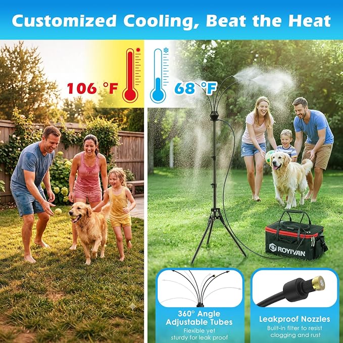 Roylvan Portable Misters for Outside Patio, Outdoor Water Cooling Misting Systems with 6000mAh Water Pump, 20L Bucket, Height Adjustable Standing Mister with 4 Nozzles for Backyard Garden Pool Patio