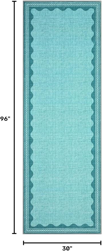 GarveeHome Scalloped Teal 2.5x8 Runner Rug for Hallway Washable Kitchen Rugs Non Slip Solid Modern Soft Low-Pile Indoor Carpet for Entryway Laundry Room Floor Mats TPE Backing