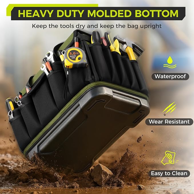 Heavy Duty Tool Bag 16-Inch, 46 Pockets Electrician Tool Bag for men with Hard Bottom & Waterproof Pocket, 1680D Tear-Proof Toolbox Organizer Tool Tote for HVAC Mechanic, Father Day Dad Birthday Gift