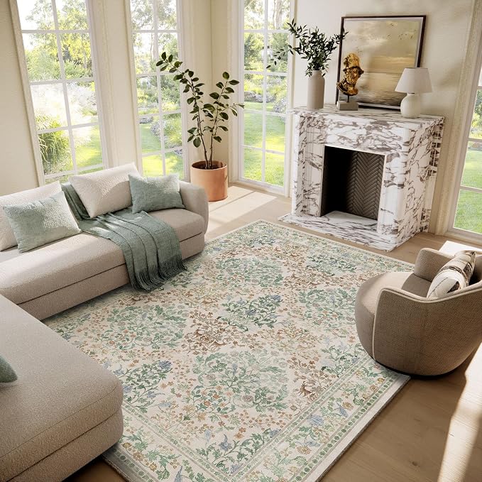 Machine Washable Rugs for Living Room: 6x9 Bedroom Rug Vintage Stain Resistant Non Slip Low Pile Lightweight Soft Carpets for Living Room Dining Room Kitchen Nursery Kids Room Farmhouse