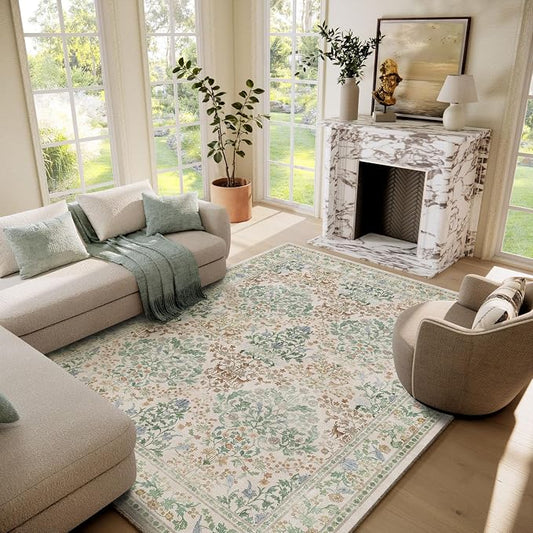 Machine Washable Rugs for Living Room: 6x9 Bedroom Rug Vintage Stain Resistant Non Slip Low Pile Lightweight Soft Carpets for Living Room Dining Room Kitchen Nursery Kids Room Farmhouse