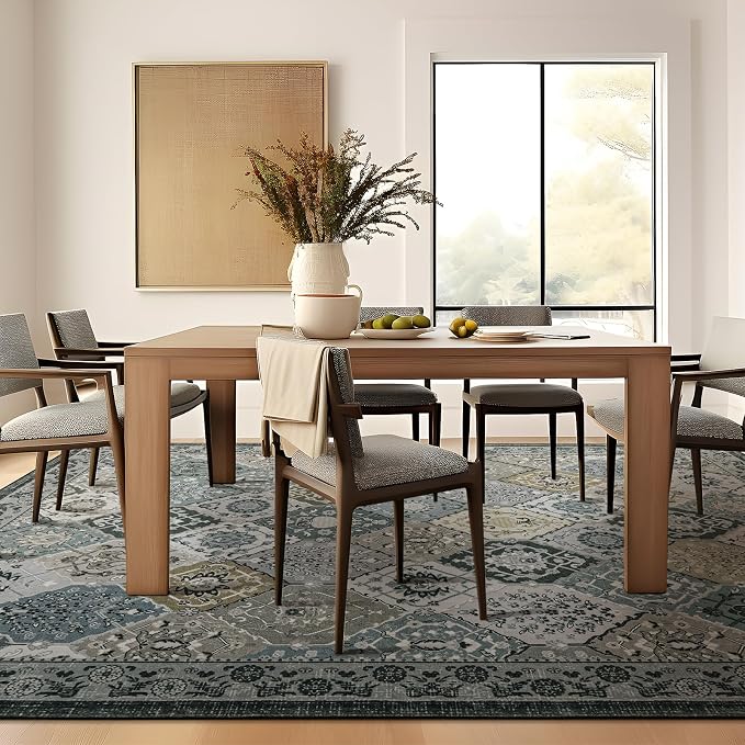 Phantoscope Washable Area Rug 5'x7' Non-Slip, Vintage Boho Rugs for Living Room, Bedroom, Dining Room, Distressed Moroccan Mosaic Diamond Pattern, Low-Pile Foldable Floor Carpet, Grey Charcoal