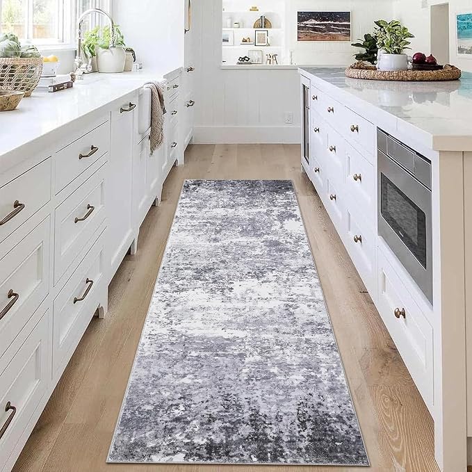 ROYHOME Modern Abstract 2x8 Runner Rug Washable,Light Grey | Non Slip Stain Resistant Rug for Hallway Kitchen Bedroom Non Shedding Low Pile Indoor Floor Cover