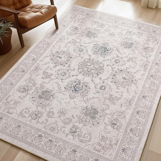 Phantoscope Washable Area Rug 5'x7' Non-Slip, Vintage Neutral Rugs for Living Room, Bedroom, Dining Room, Distressed Boho Floral Medallion Pattern, Low-Pile Foldable Floor Carpet, Cream Beige/Neutral