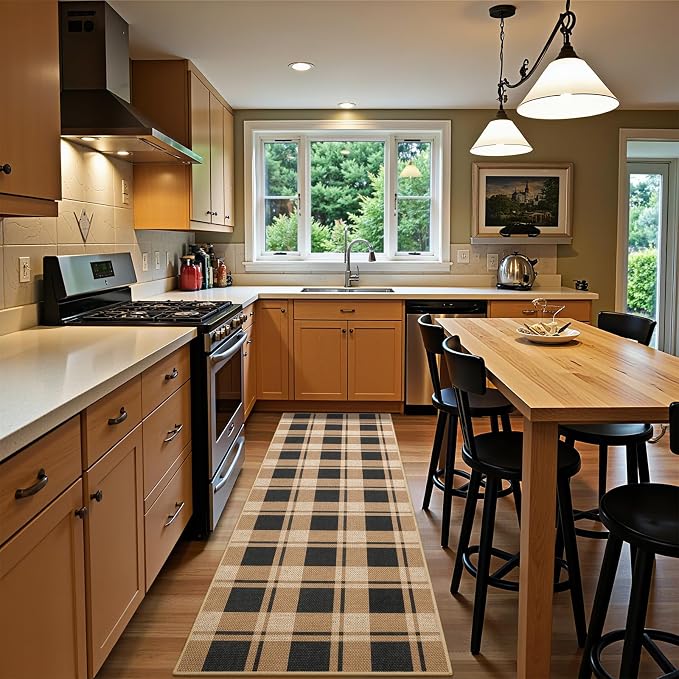 2x8 Checkered Jute Runner Rug for Kitchen Indoor Floor Area Carpet | Washable Jute Area Rug With Non-Slip Backing, Low-Pile Texture, Farmhouse Geometric Pattern In Neutral Brown/Black, Durable