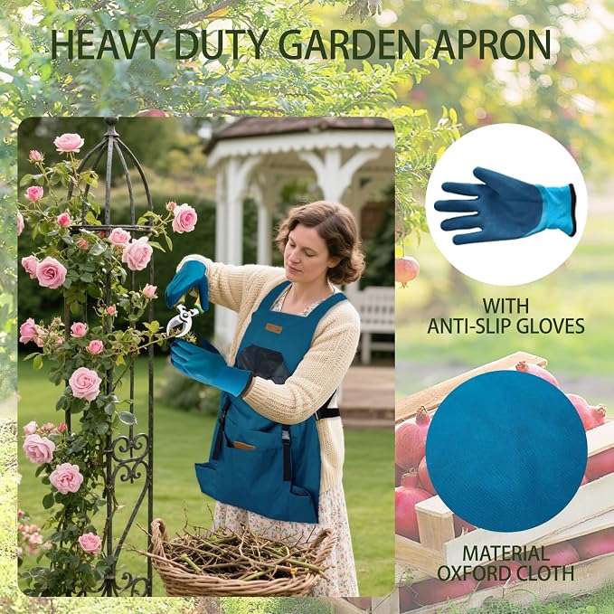 Waterproof Gardening Apron for Women Men, Adjustable Cross Back Garden Apron with Pockets, Oxford Cloth Harvest Apron for Gardening Planting