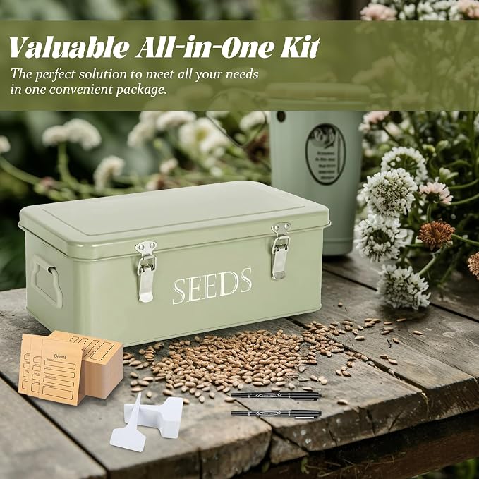 Ecopark Seed Storage Box, Professional All-in-one Kit with 2 Pens, 20 Plant Labels and 50 Seed Envelopes, Metal Storage Organizer, Saving Box, Seed Packet Container, Large, Green