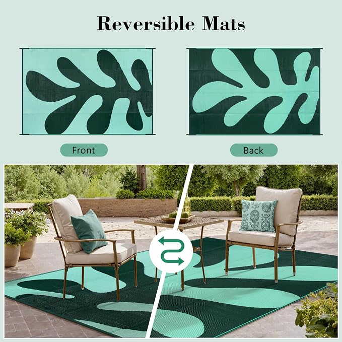 Lahome Green Outdoor Rug 8x10 Waterproof, Coral Sea Funky Pool Rv Rugs for Outside, Portable Plastic Straw Camping Carpet for Beach Picnic Patio Deck Porch, Green 8'x10'