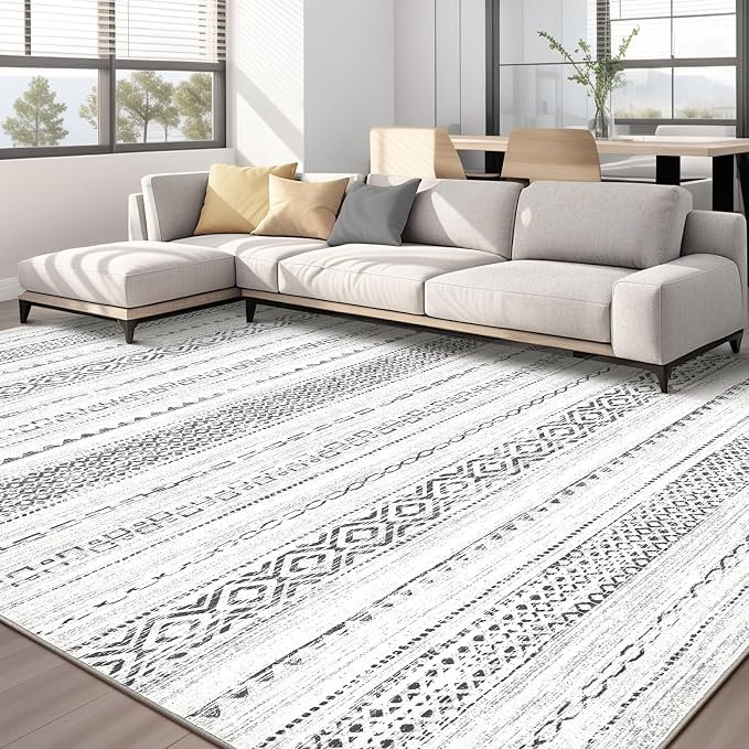 kakania Washable 8x10 Area Rug for Living Room: Boho Geometry Home Decor | Soft Stain Resistant, Low-Pile, Non-Slip, Pet & Kid Friendly, Thin Rug for Bedroom/Dining Room/Kids Dorm - Square Grey