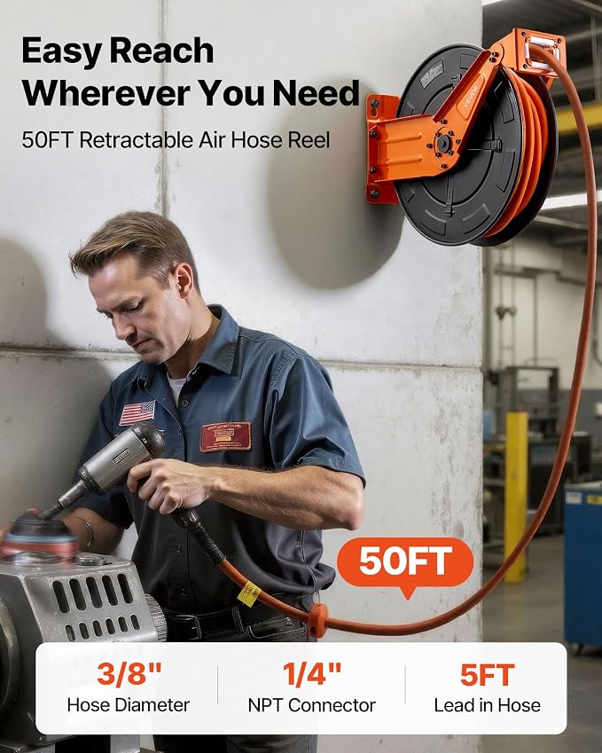 VEVOR Retractable Air Hose Reel, 3/8 Inch x 50 FT Rubber Air Hose Max 300PSI, Auto Rewind Air-Compressor Hoses Reel with 5 ft Lead in, Ceiling/Wall Mount Heavy Duty Steel Double Arm