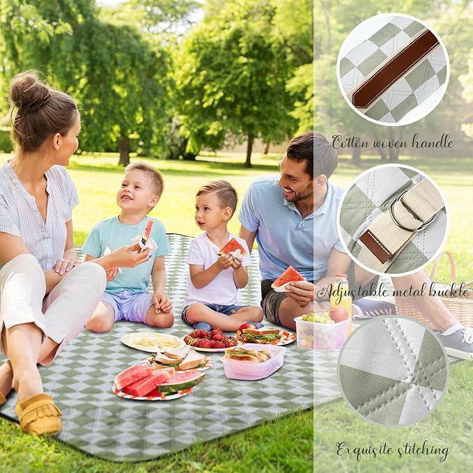 Nuanchu Checkered Picnic Blanket Extra Large Outdoor Blanket Sandproof 80"x80" Waterproof Portable Machine Washable 3 Layer Thick Gingham Picnic Mat for Beach Camping Park Grass Travel(Grass Green)