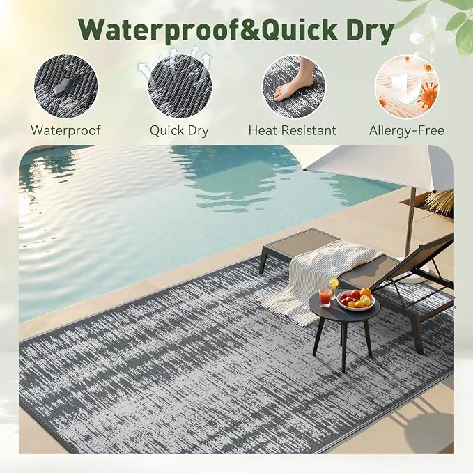 MontVoo Outdoor Rug Waterproof 8x10 ft Outdoor Carpet Patio Rug Mat Reversible RV Camping Rug Plastic Straw Outside Rug for Balcony Porch Deck Picnic Beach Modern Grey