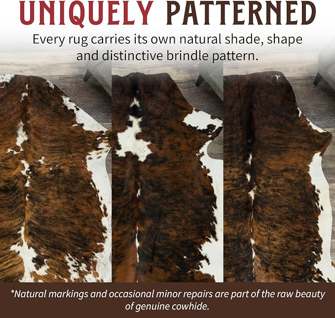 HIDES BAZAAR Brown Brindle Cowhide Rug 6x8 ft, Real Hair on Hide Area Rug | Brown, black and white brindle stripes. Genuine hair on hide tanned soft, cow skin rug that fits ranch to modern decor