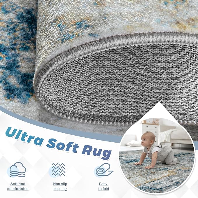 pmtsns Area Rugs 8x10 for Living Room: Washable Rug Modern Abstract Neutral Soft Non-Slip Low-Pile Indoor Large Carpet for Bedroom Dining Room Home Office Children's Room(BlueGreyGold, 8'x10')