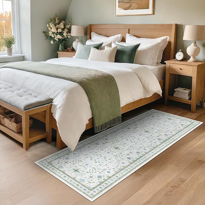 Washable Oushak 2x6 Bathroom Runner Rug, Eclectic Boho Floral Pastel, Non Slip Low Pile Stain Resistant Small Throw Rug for Bedroom, Laundry Room, Powder Room, Cream Green