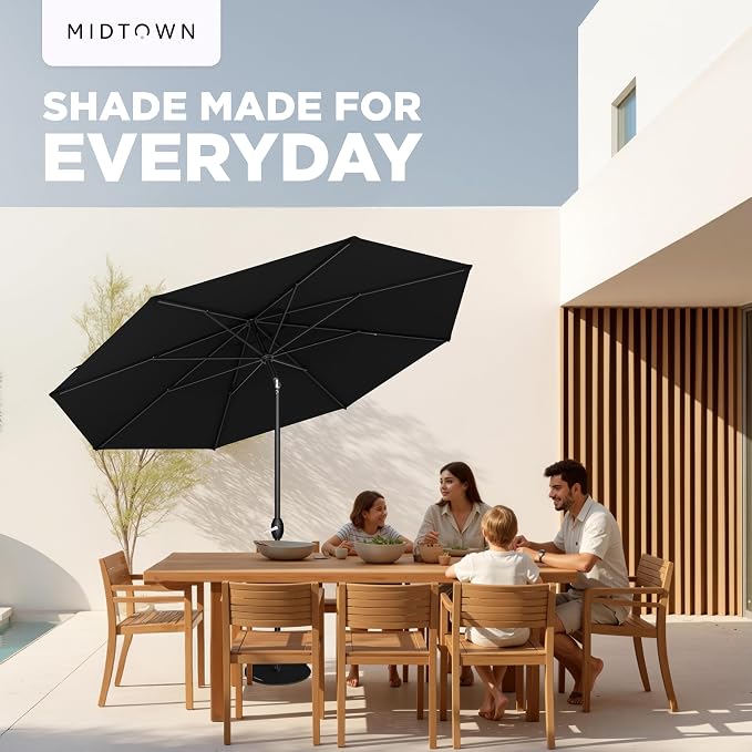 Midtown Umbrellas - 10-Year-No-Fade 8 Ft Patio Umbrella with Terylast Fabric, Auto-Tilt Aluminum Frame and 8 Reinforced Ribs for Deck, Pool, Garden & Beach - Ebony Black Canopy, Black Pole