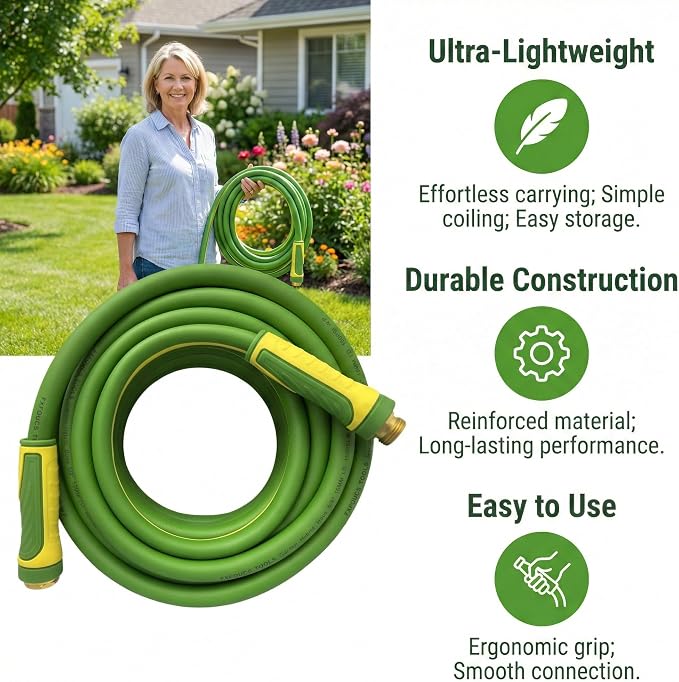 PremiumPro 25FT 5/8" Heavy Duty Reinforced Garden Hose, Large Flow,600 PSI Burst Pressure, Four Layer Hybrid Polymer Anti Kink with 360 Swivel Brass Connectors and handle for yard,washing & irrigation