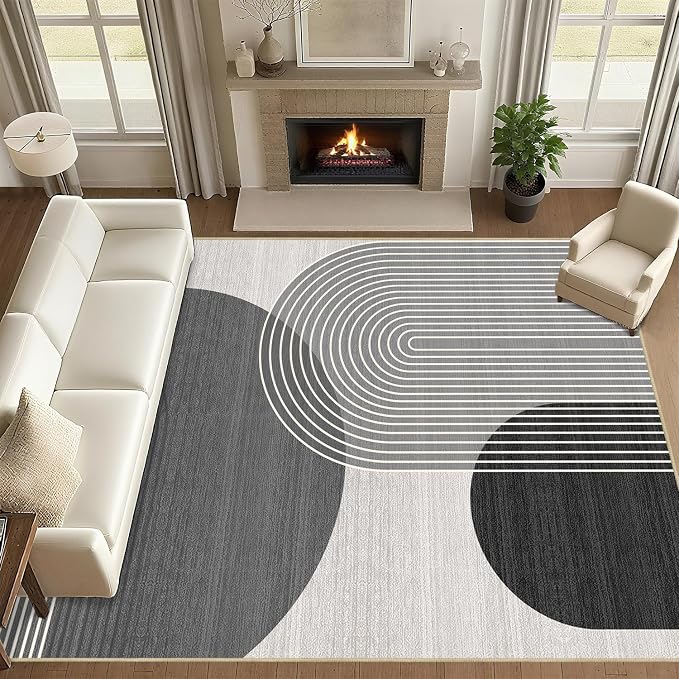 8x10 Large Area Rug for Living Room BohoRug Bohemian Rugs Machine Washable Modern Geometric Rug Non Slip Printed Low Pile Indoor Floor Carpet for Dining Room Bedroom Office,Grey and Black