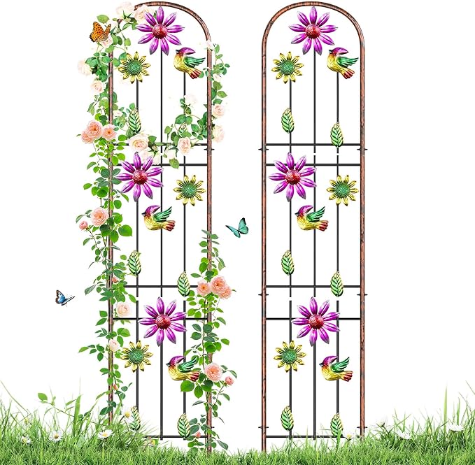 Metal GardenTrellis, Arched Fence Trellis Plant Support Trellises, Supporting Plants Outdoor Decoration for Climbing Plants Lawn Yard Patio Backyard Wall Brackets (Bird+Pink Flower)