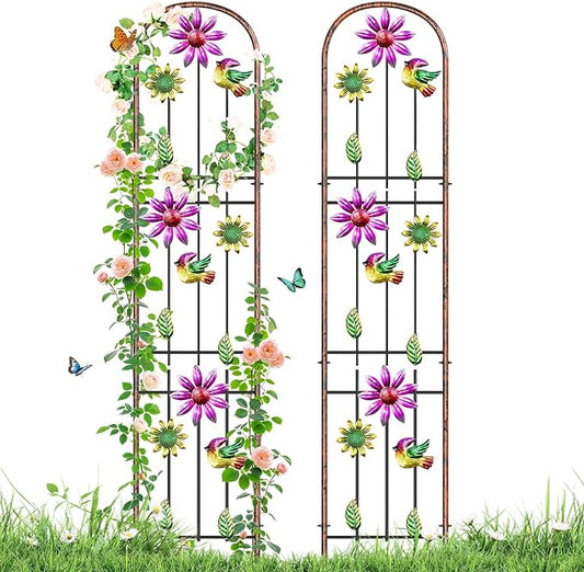 Metal GardenTrellis, Arched Fence Trellis Plant Support Trellises, Supporting Plants Outdoor Decoration for Climbing Plants Lawn Yard Patio Backyard Wall Brackets (Bird+Pink Flower)