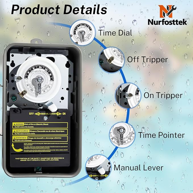 T104R 24-Hour Mechanical Timer Switch, DPST, 3R Rainproof Metal Enclosure, Heavy Duty Timer for Lighting, Pool Pumps, Commercial Defrost Systems