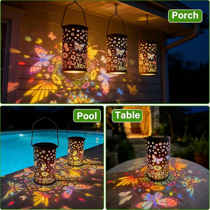 2-Pack Colorful Butterfly Solar Lanterns Outdoor Waterproof, Upgraded Garden Decor Metal Butterfly Hanging Solar Lantern for Outside Patio Tree Table Front Porch Decor, Gifts for Mother Grandma Women