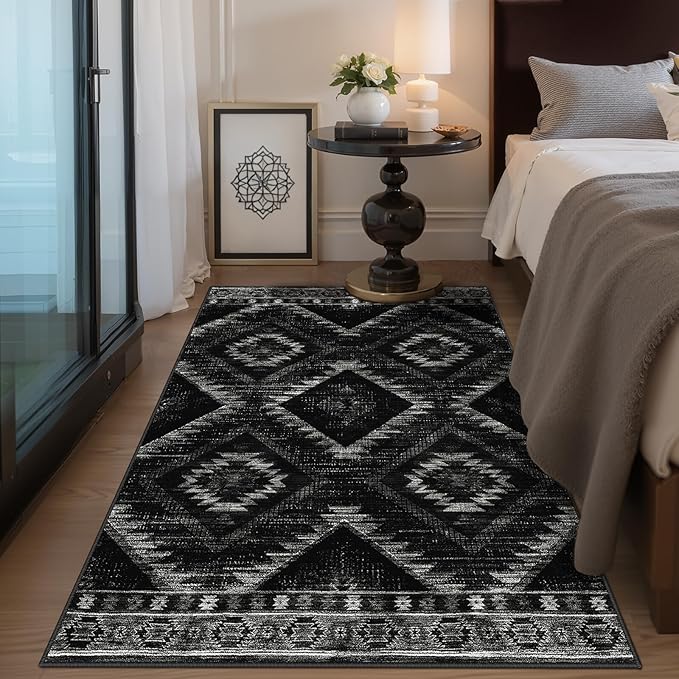 3'x4' Washable Area Rug for Living Room Bedroom Black | Soft Western No Slip Low Pile Print Foldable Indoor for Kitchen Dining Room