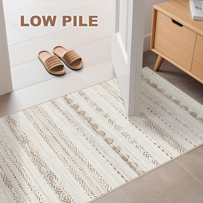 Nakagishi Boho 2x4 Washable Area Rug Non Slip Carpet for Entryway Beige | Pet & Kid Friendly, Machine Washable, Low Pile Carpet for Kitchen Hallway Daily Home Decor,Farmhouse Neutral Moroccan