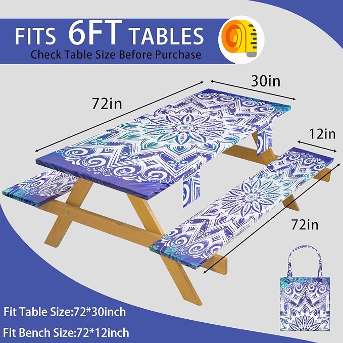 Fitted Waterproof Picnic Table Cover with Bench Covers Elastic Stain Resistant Camping Table clothes for 6Feet Rectangle Tables Outside Parties Necessities Gift Travel Trailers Trips Rv Things