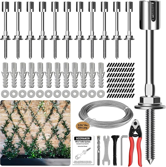 Wire Trellis for Climbing Plants Outdoor, 12-Set Wall Wire Trellis Kit with 5/64"(2mm) x 53ft Stainless Steel Cable & Cutter, T316 Espalier System for Fence and Garden DIY Projects