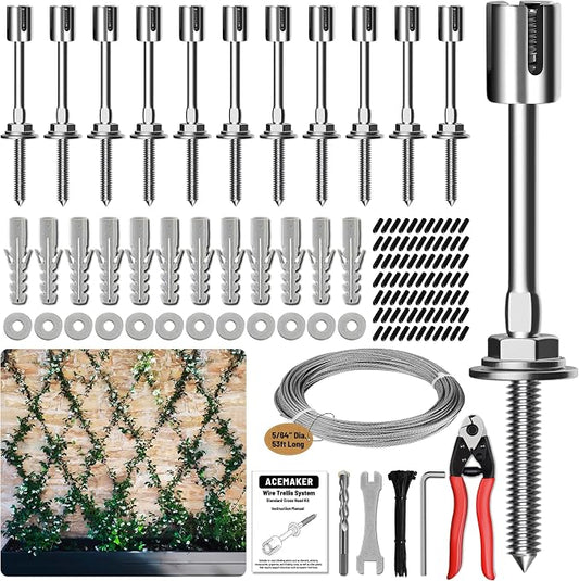 Wire Trellis for Climbing Plants Outdoor, 12-Set Wall Wire Trellis Kit with 5/64"(2mm) x 53ft Stainless Steel Cable & Cutter, T316 Espalier System for Fence and Garden DIY Projects