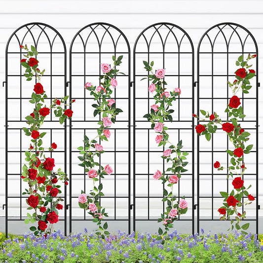 SUNYRISY 4Pack Metal Garden Trellis for Climbing Plants Outdoor, 59x16in Metal Plant Support for Flowers Tomato Cucumber Rose Vegetable Garden Courtyards Lawns Decoration, Black