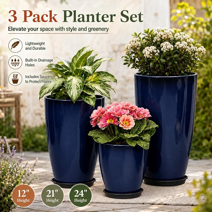 Neoaider Set of 3 Tall Planter, 24/21/12in Large Plastic Planter, Blue | Ceramic-Look, Lightweight, Built-in Drain Hole, Saucers, Tall Outdoor Planter for Porch, Garden, Patio, Balcony