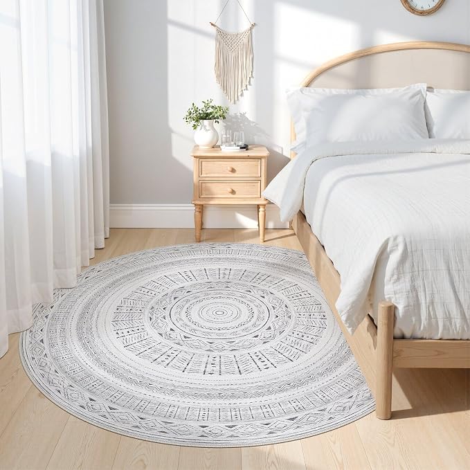 cotiled 6x6 Round Rug 6ft Circle Living Room Boho Area Rugs | Washable Foldable Indoor Carpet for Bedroom Home Office Dark Grey