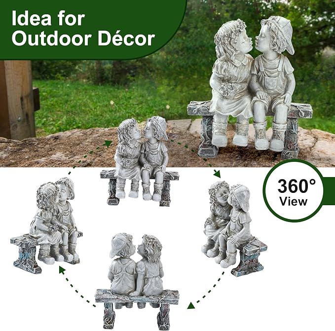 Lily's Home 8.25-Inch First Kiss Statue - Resin Garden Decor for Outside - Outdoor and Garden Decorations - Little Girl and Boy Kissing Yard Miniature Figurine - Small and Exquisite
