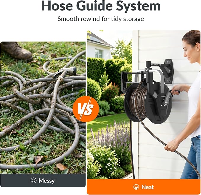 Giraffe Tools Garden Hose Reel Wall Mount, 125FT 5/8" Hose Capacity, Heavy Duty Water Hose Reel, Hose Guide Pre-Installed with Crank, 210° Swivel, for Yard Lawn Garage
