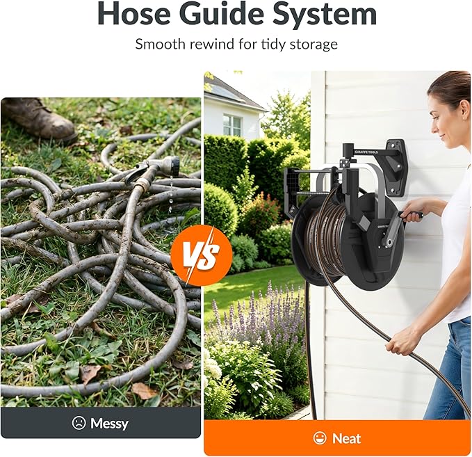 Giraffe Tools Garden Hose Reel Wall Mount, 125FT 5/8" Hose Capacity, Heavy Duty Water Hose Reel for Outside, Retractable Hose Guide with Crank, 210° Swivel, for Yard Lawn Garage