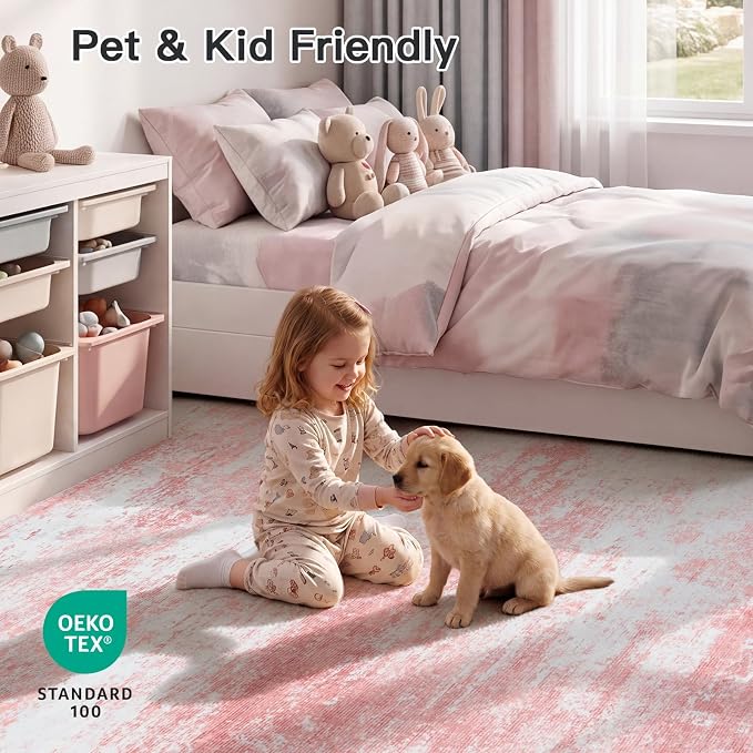 8x10 Area Rug for Living Room, Abstract Washable Large Rugs,Dusty Pink | Neutral Carpet for Bedroom, Dining Room, Home Office Nursery Indoor, Stain Resistant, Low Pile, Non-Shedding Modern Rug