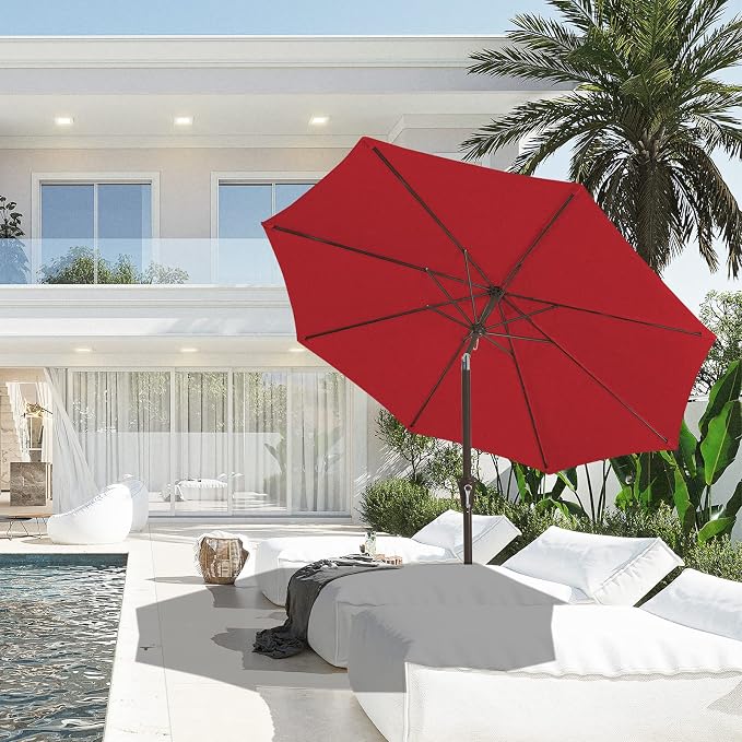 JEAREY 9FT Outdoor Patio Umbrella Outdoor Table Umbrella with Push Button Tilt and Crank, Market Umbrella 8 Sturdy Ribs UV Protection Waterproof for Pool, Garden (Red)