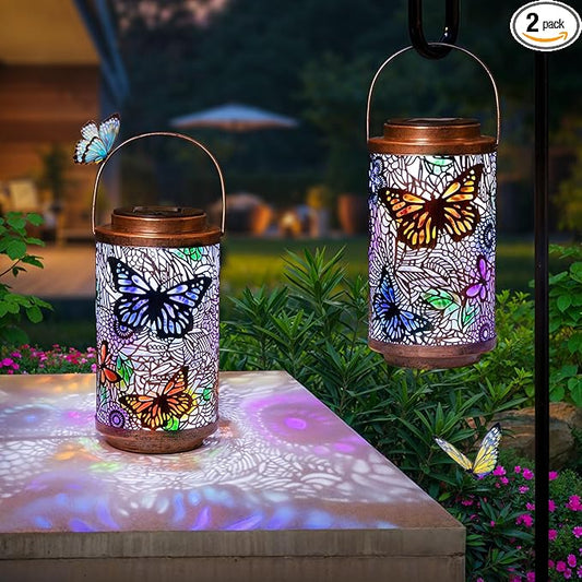 2Pack Solar Outdoor Lanterns Waterproof Butterfly Garden Gifts for Women, Multicolor Solar Outside Lights Lantern for Yard, Backyard, Porch, Mothers Day Gifts for Mom Grandma Wife