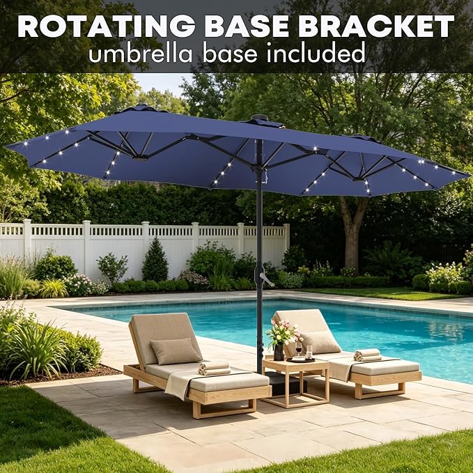 DomeShade 15 Ft Patio Umbrella with Solar Lights,Base Included,Sun Shades Outdoor Patio Parasol,Large Table Outdoor Umbrella,36 LED Lights,Awnings for Outside,Backyard Umbrella,Navy Blue
