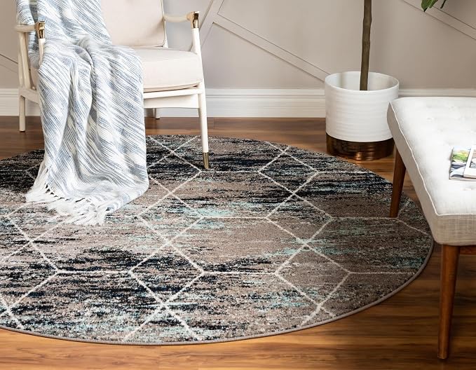 Unique Loom Trellis Frieze Collection Area Rug - Geometric (3' Round, Blue Multi/ Ivory)